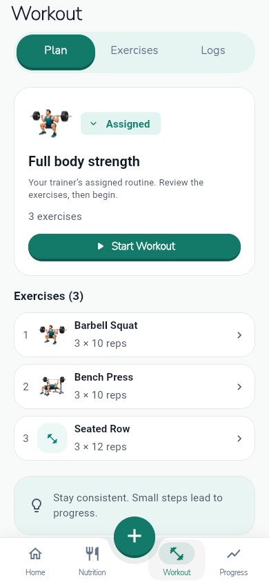 The real member workout screen with a fictional demonstration plan.